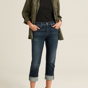 7 For All Mankind Crop Mia Embroidered Dark Wash Low Cut Cuffed Jeans 29 Waist